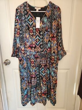 Coldwater Creek Black Multicolor Geometric Long Sleeve Dress